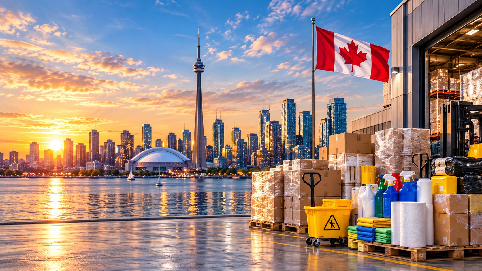 Toronto skyline, Canadian flag and commercial supplies